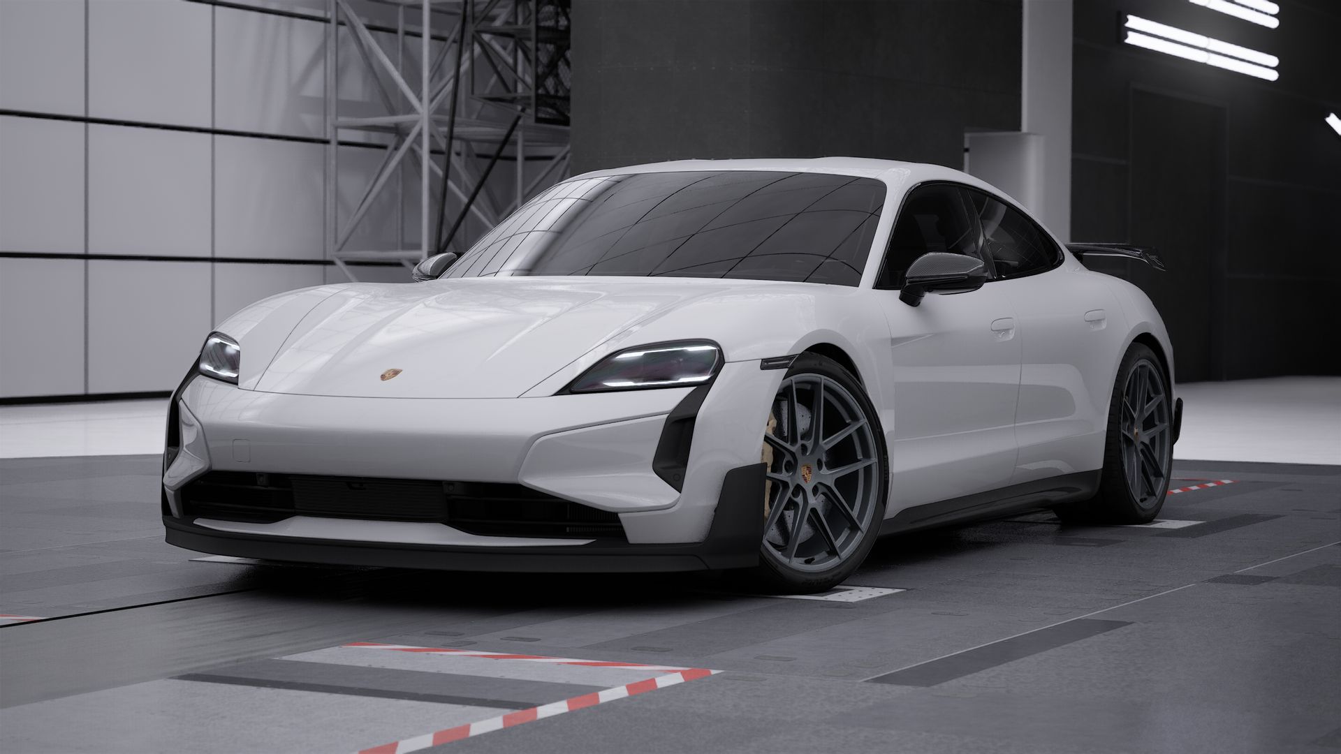 Taycan Turbo GT with Weissach Package -ի արտաքին տեսքը. ավտոմեքենայի առաջնամաս և ձախ կողմ