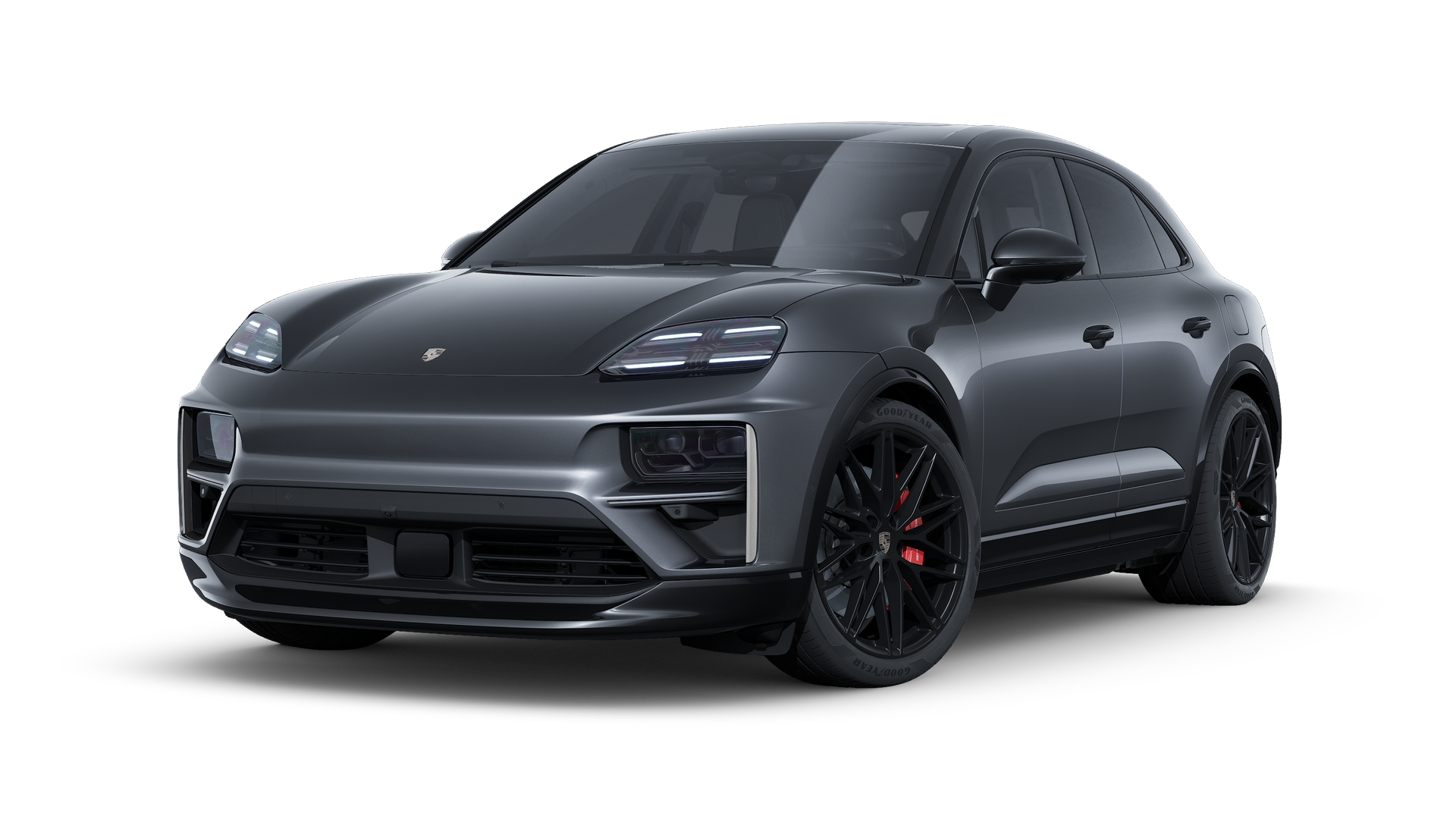 Außenansicht von Macan Turbo mit der Vorderseite und der linken Seite des Fahrzeugs
