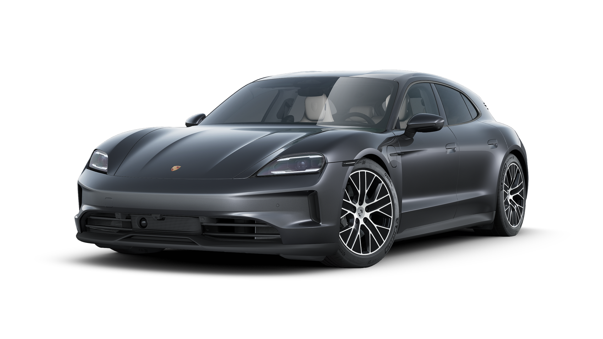 Außenansicht von Taycan Sport Turismo mit der Vorderseite und der linken Seite des Fahrzeugs