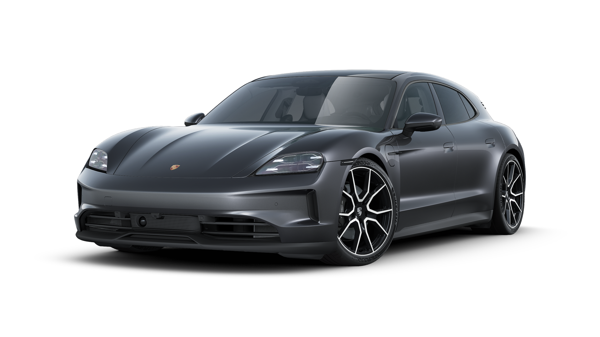 Außenansicht von Taycan Sport Turismo mit der Vorderseite und der linken Seite des Fahrzeugs