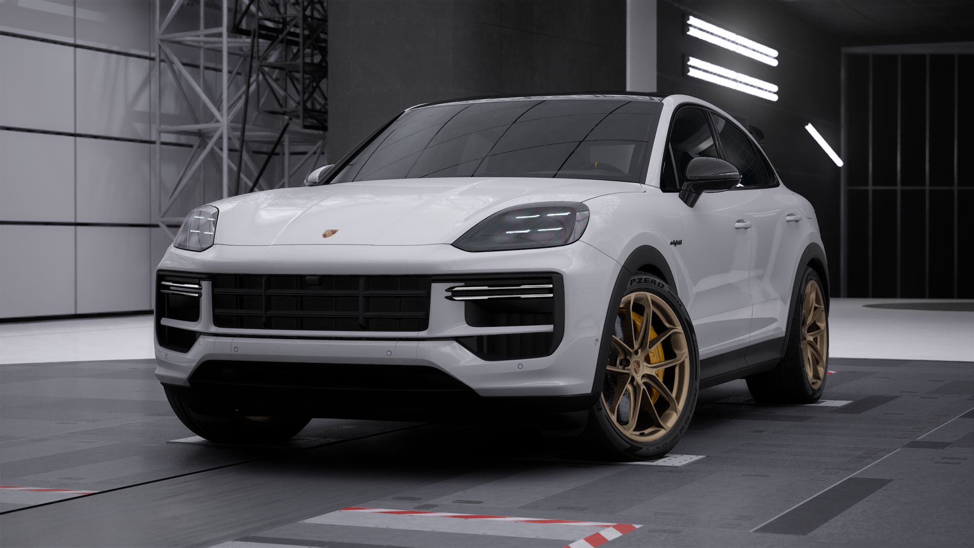 Външен изглед на Cayenne Turbo E-Hybrid Coupé with GT Package , показващ предната и лявата страна на автомобила