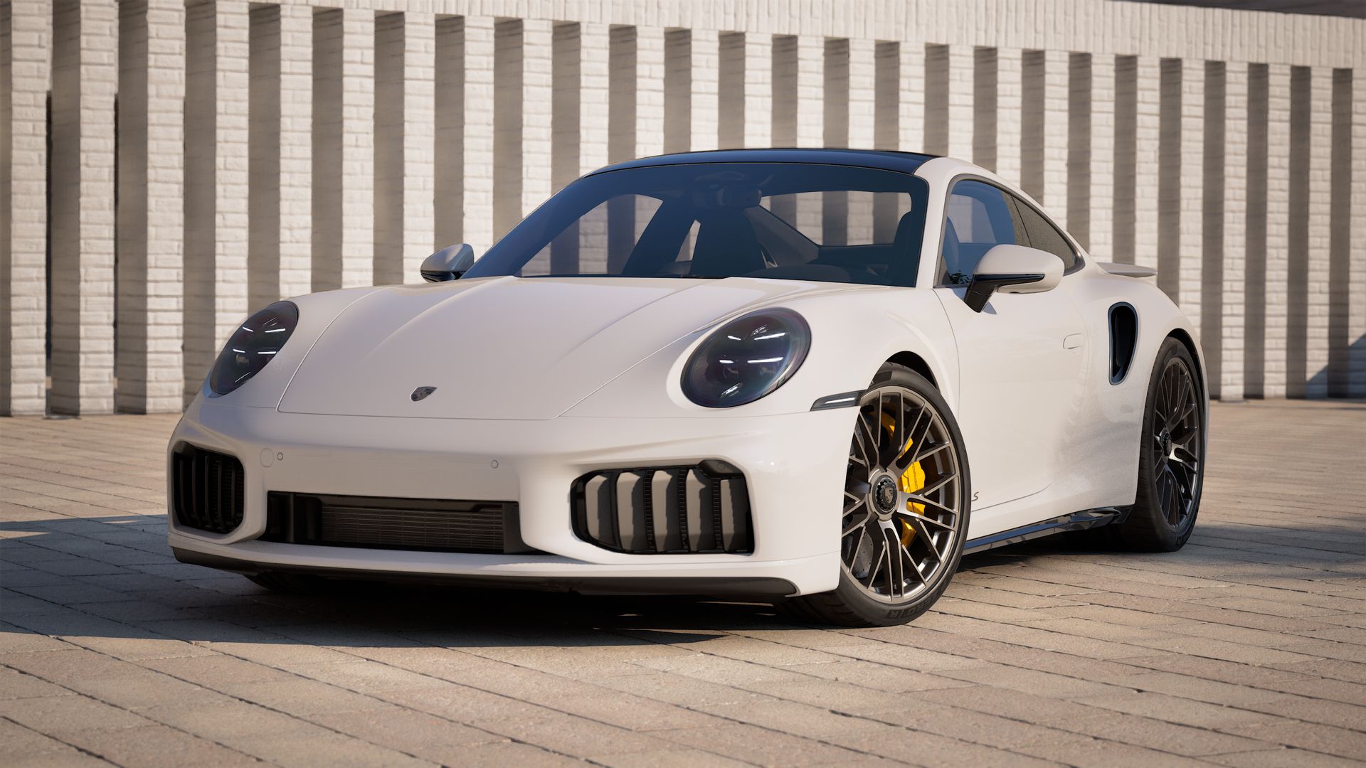 Vista exterior do 911 Turbo S mostrando a frente e o lado esquerdo do automóvel
