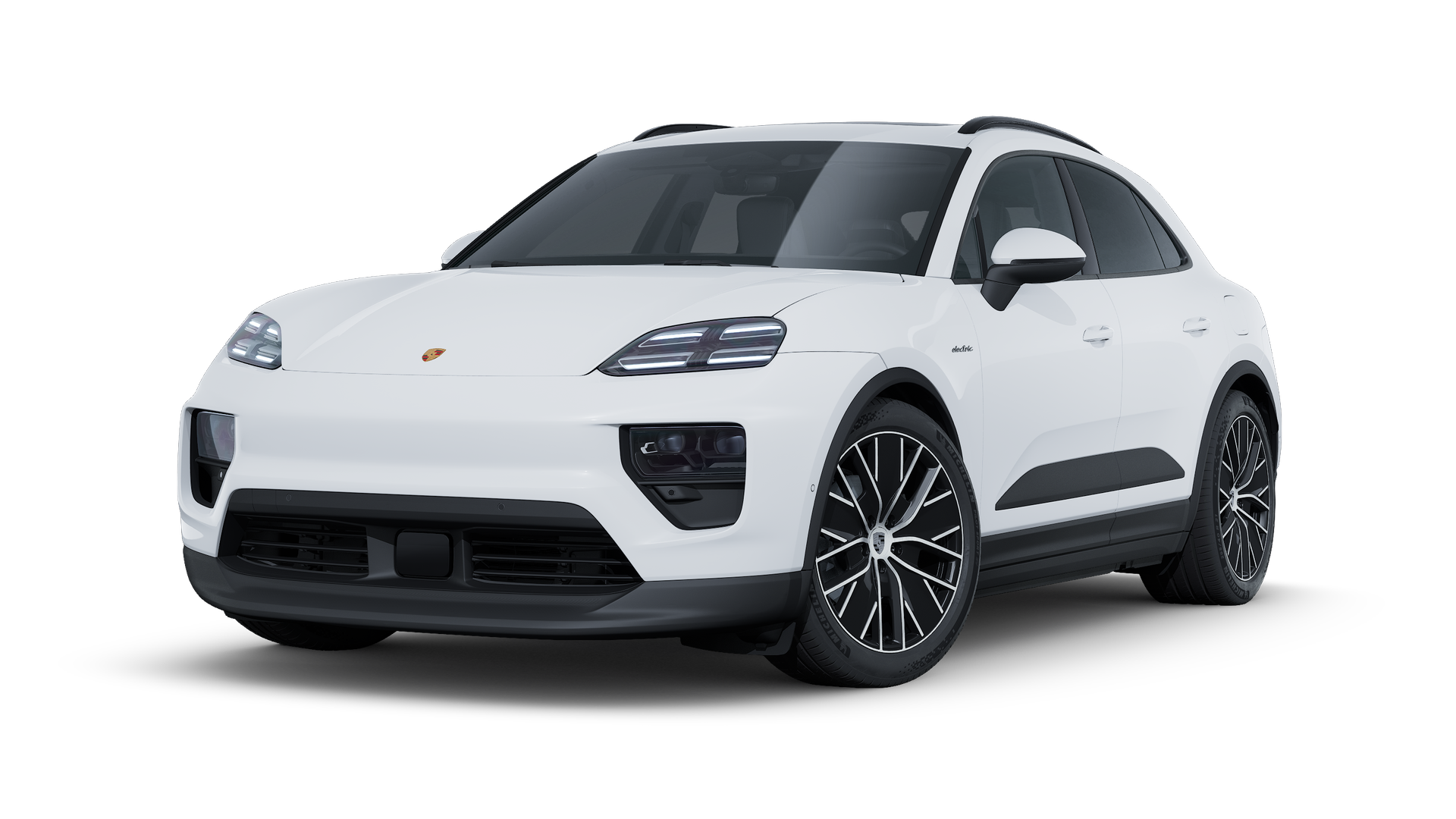 Vue extérieure de Macan Électrique montrant l'avant et le côté gauche de la voiture
