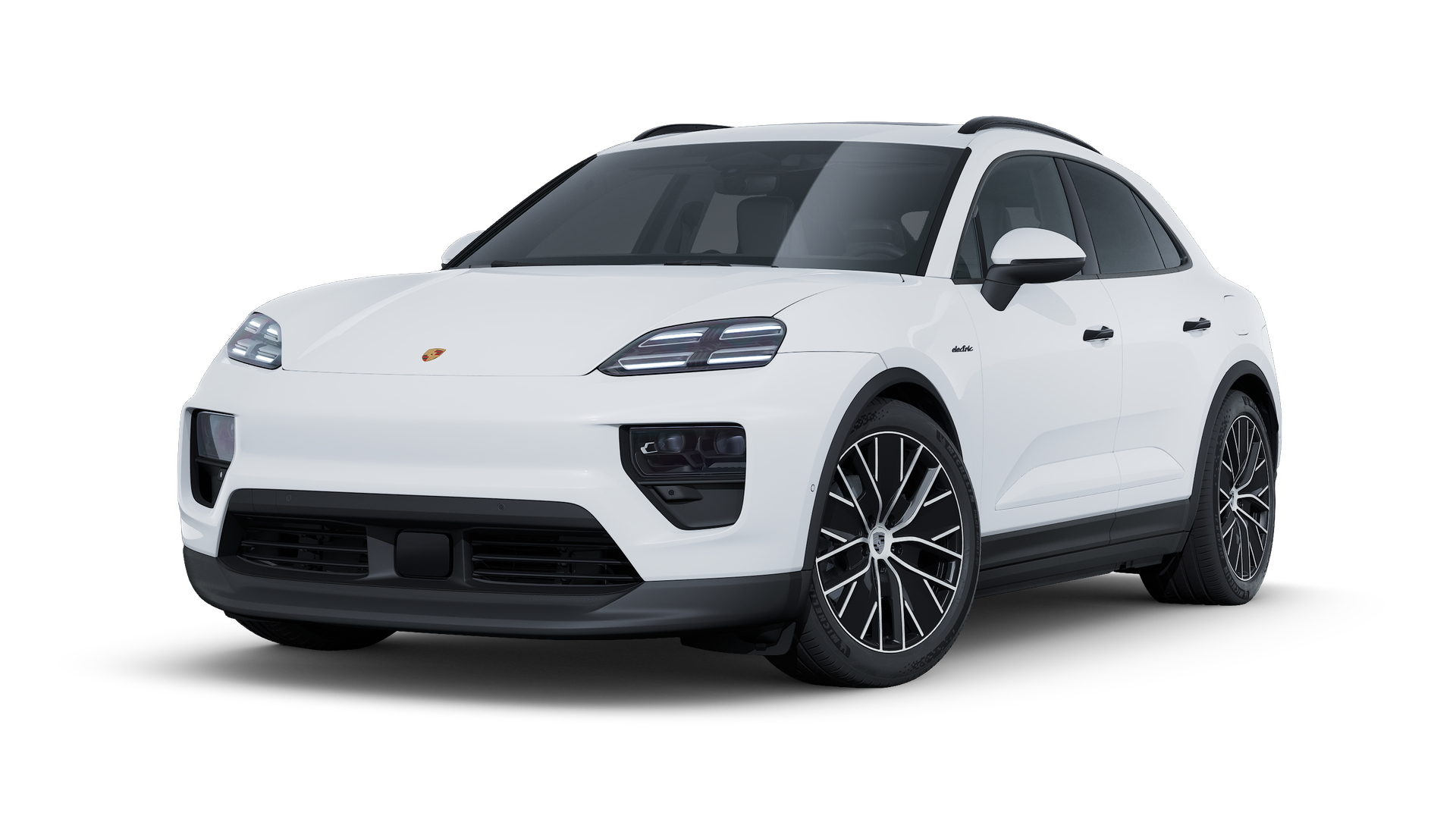Vue extérieure de Macan 4 Électrique montrant l'avant et le côté gauche de la voiture