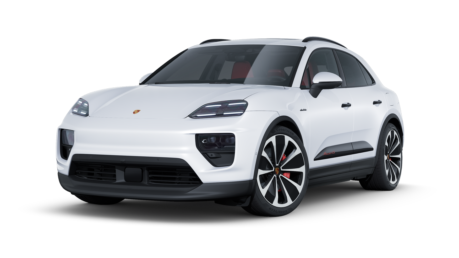 Vue extérieure de Macan 4S Électrique montrant l'avant et le côté gauche de la voiture