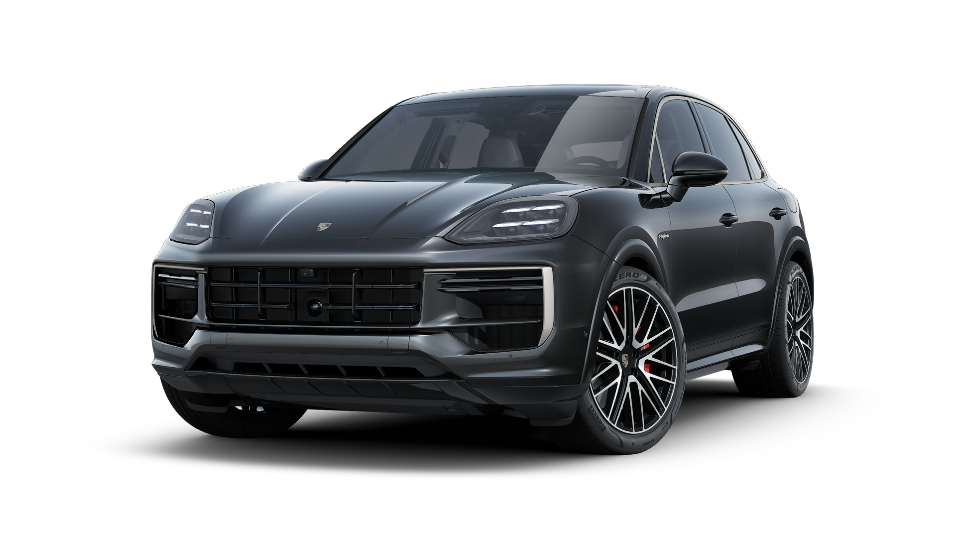 Vue extérieure de Cayenne Turbo E-Hybrid montrant l'avant et le côté gauche de la voiture