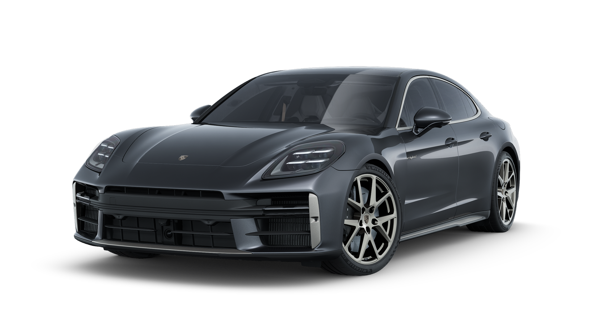 Außenansicht von Panamera Turbo E-Hybrid mit der Vorderseite und der linken Seite des Fahrzeugs