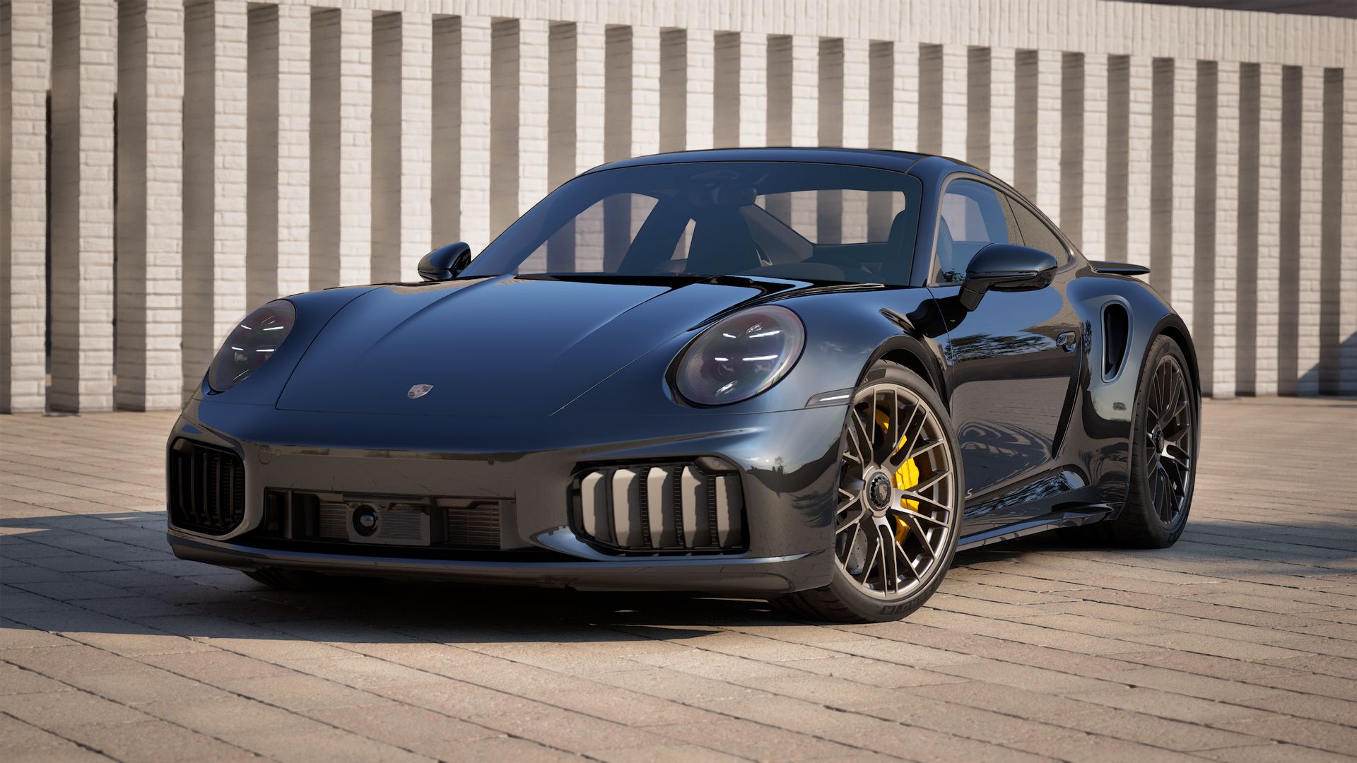 Vista exterior de 911 Turbo S mostrando la parte delantera y el lado izquierdo del coche