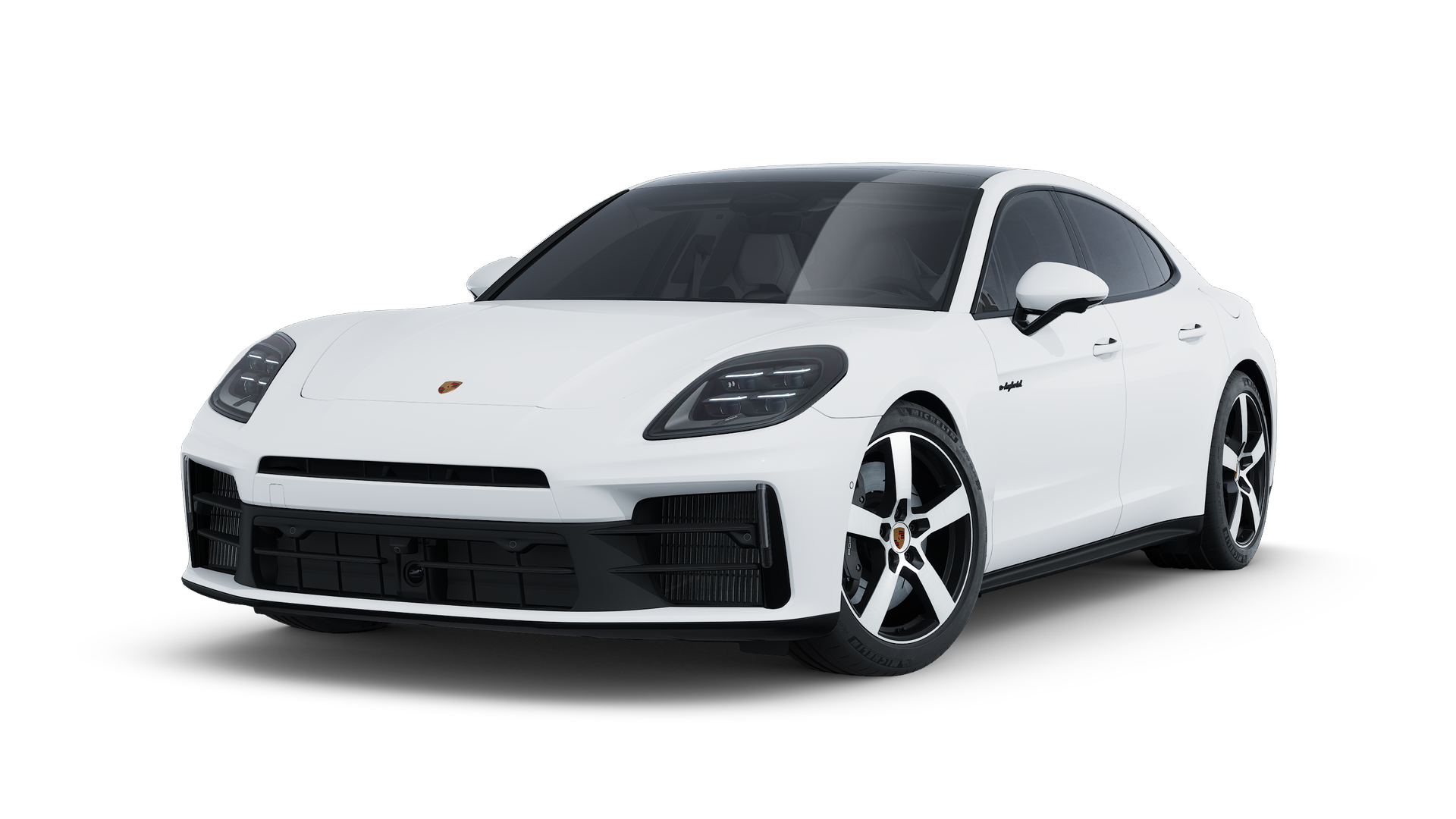 Außenansicht von Panamera 4 E-Hybrid mit der Vorderseite und der linken Seite des Fahrzeugs