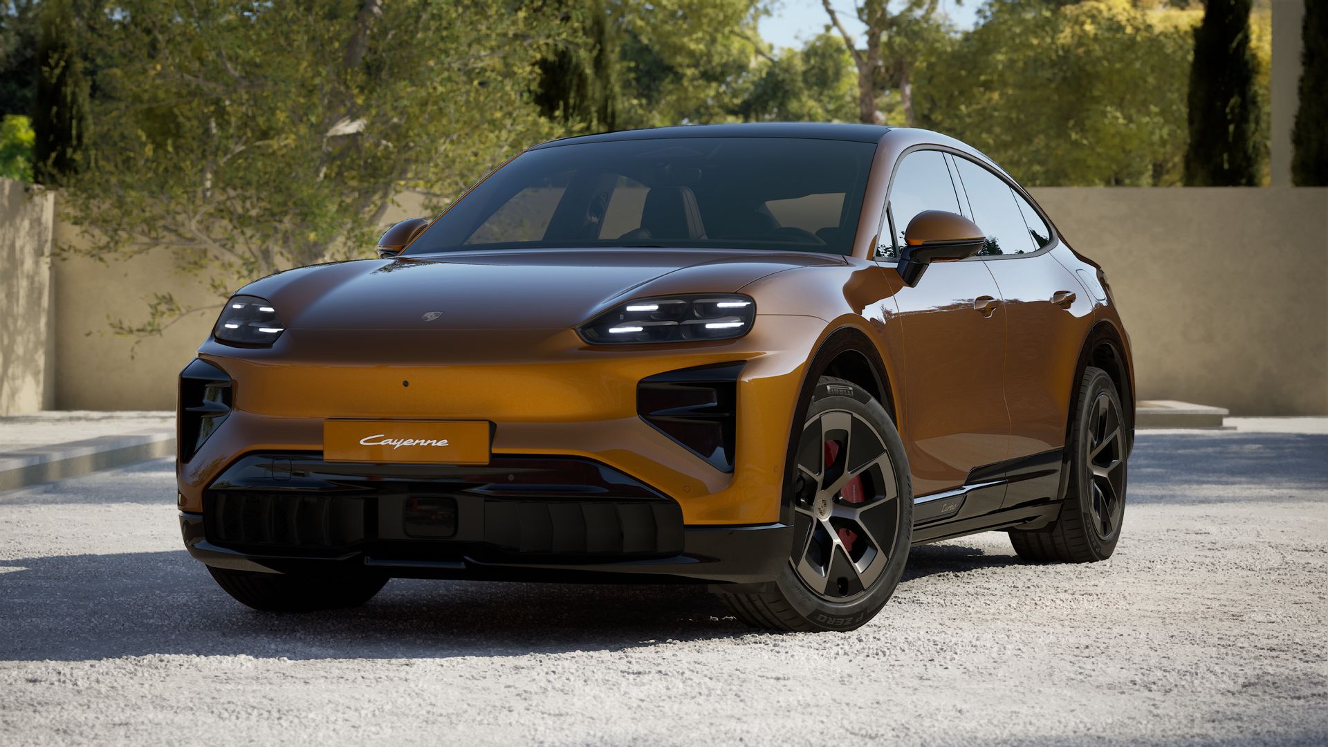 Eksteriørbillede af Cayenne Turbo Coupé Electric der viser bilens front og venstre side
