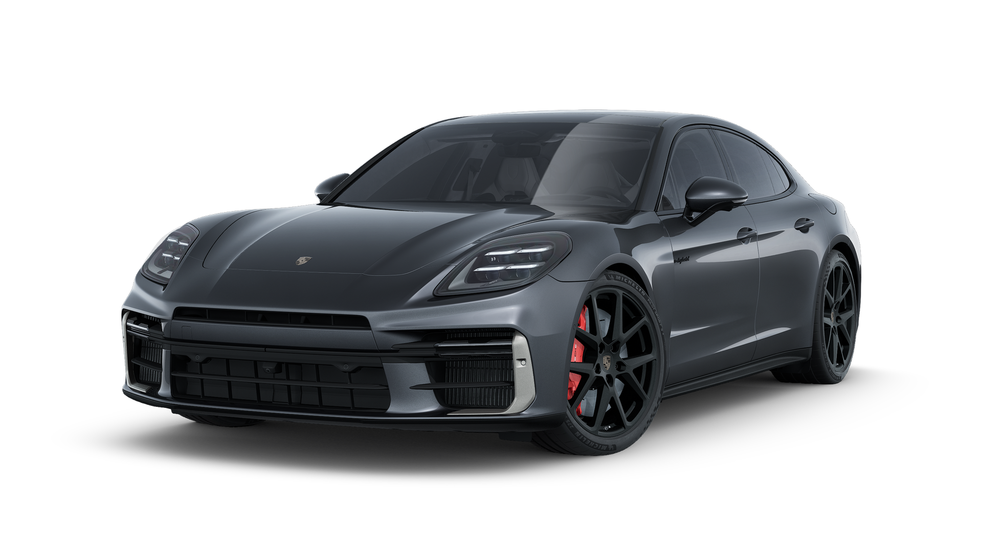 Exterior view of Panamera Turbo E-Hybrid showing the front and left side of the car