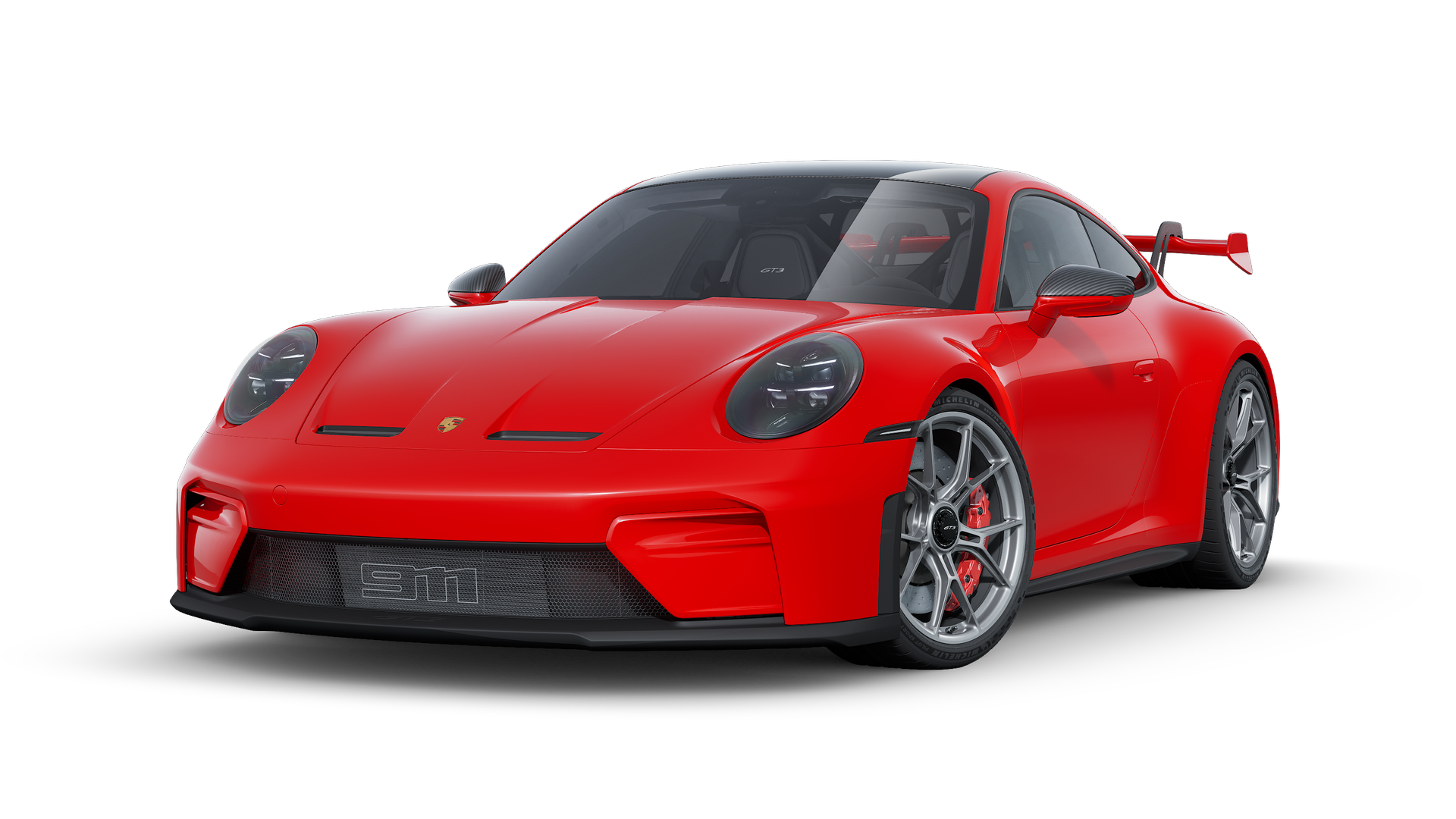 911 GT3 ის გარე ხედი, რომელიც აჩვენებს მანქანის წინა და მარცხენა მხარეს