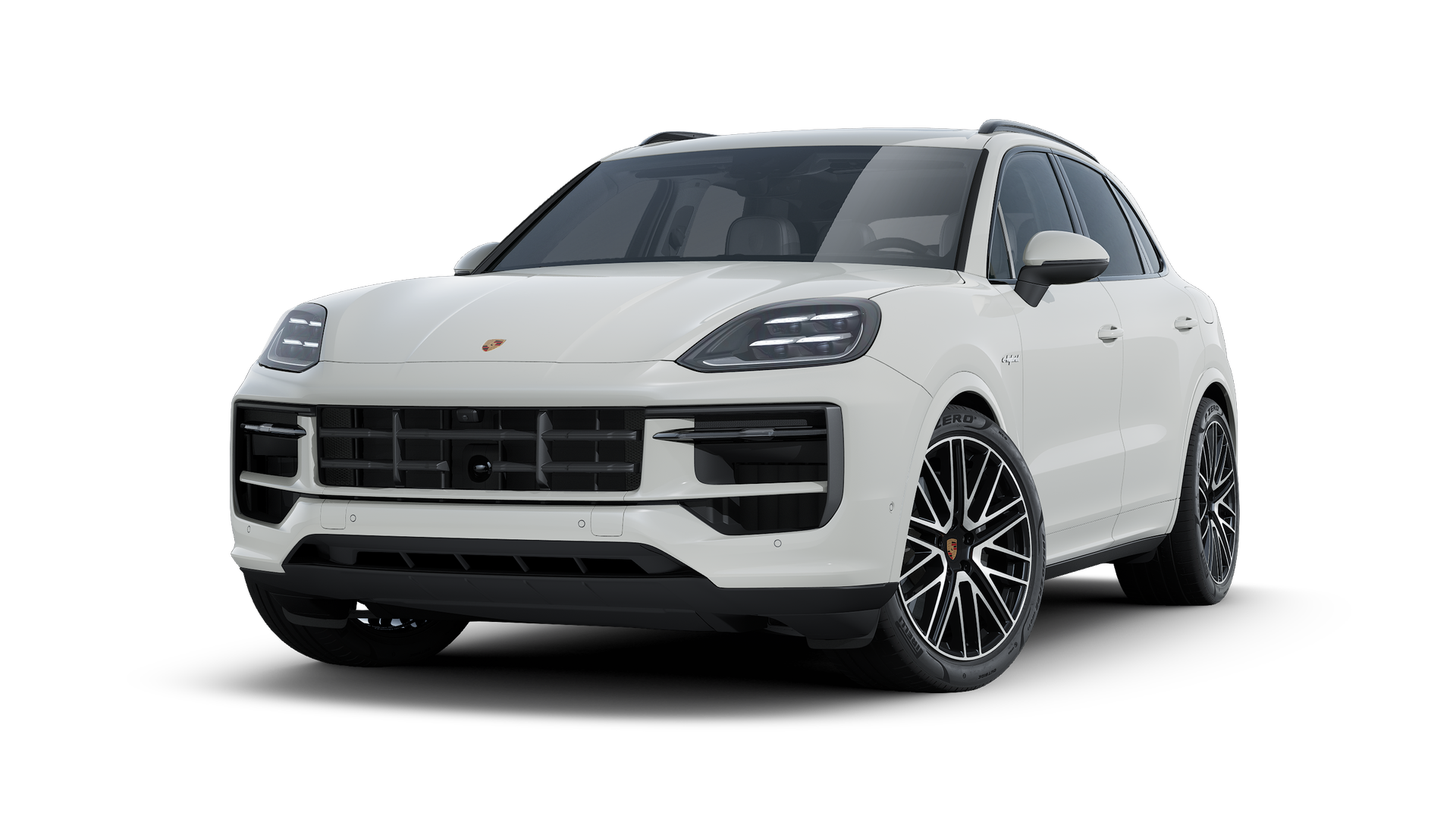Cayenne E-Hybrid ის გარე ხედი, რომელიც აჩვენებს მანქანის წინა და მარცხენა მხარეს