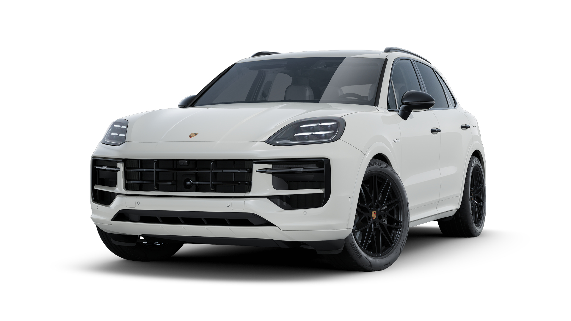 Cayenne E-Hybrid ის გარე ხედი, რომელიც აჩვენებს მანქანის წინა და მარცხენა მხარეს