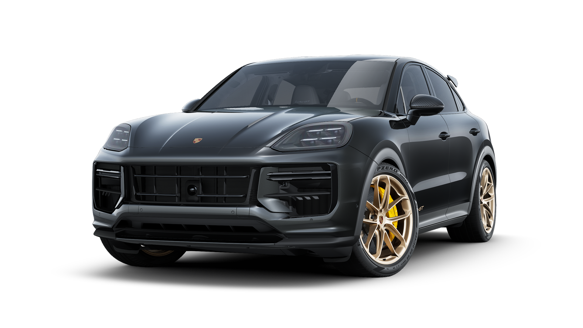 Cayenne Turbo GT ის გარე ხედი, რომელიც აჩვენებს მანქანის წინა და მარცხენა მხარეს