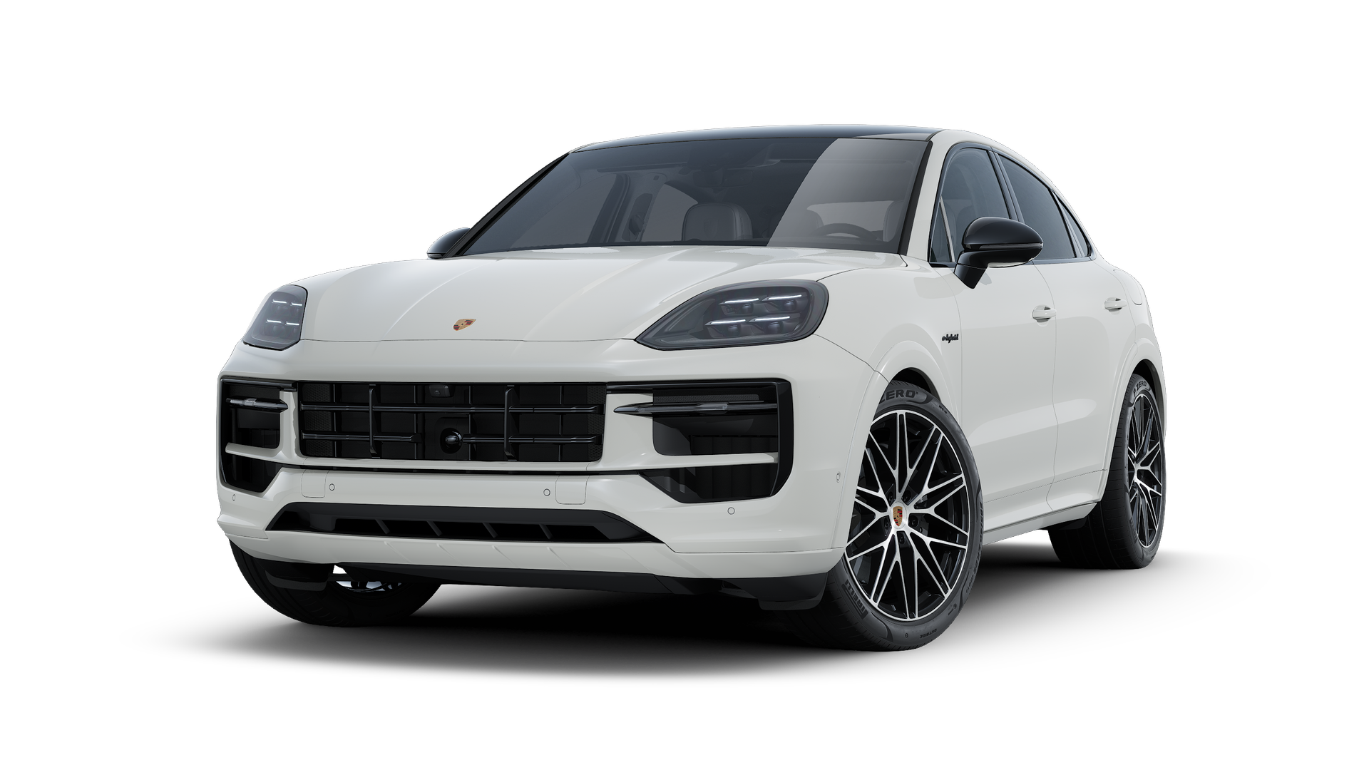 Cayenne E-Hybrid Coupé Black Edition ის გარე ხედი, რომელიც აჩვენებს მანქანის წინა და მარცხენა მხარეს