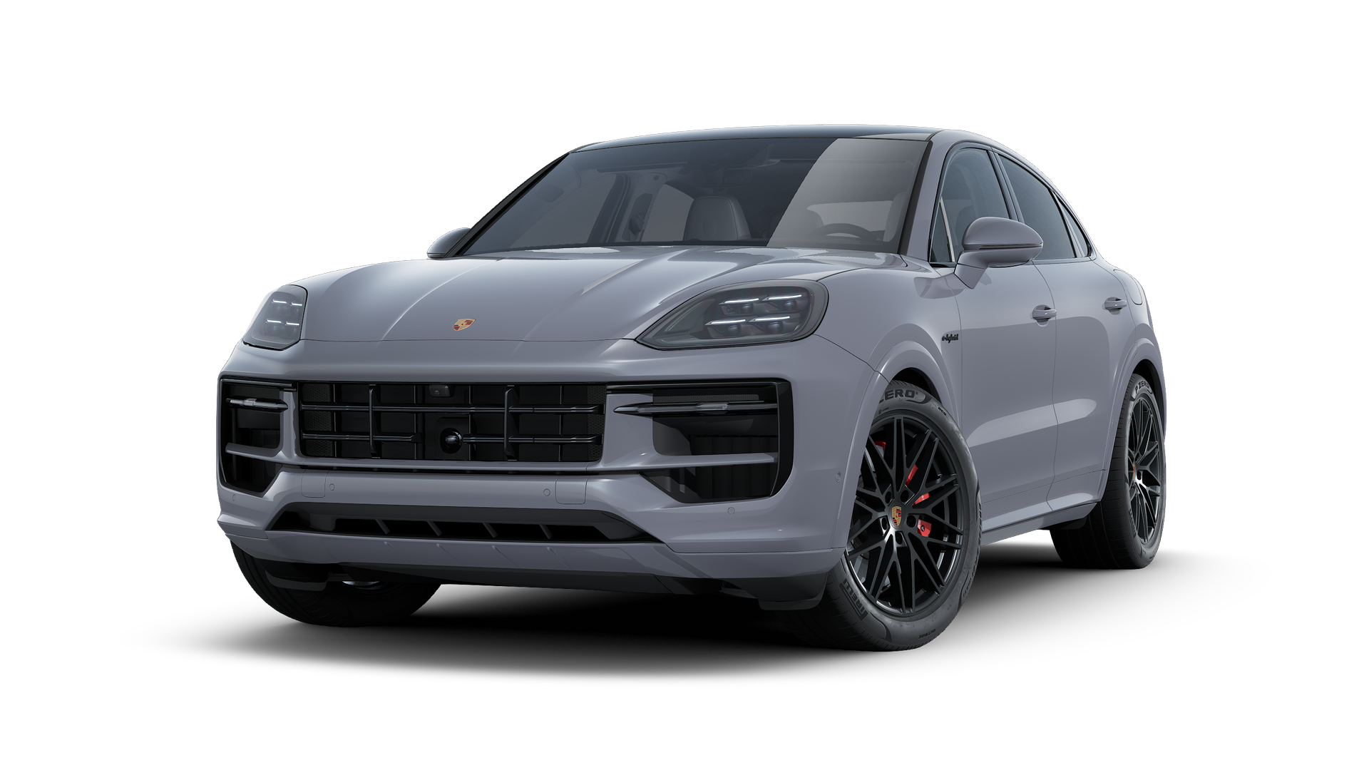 Cayenne S E-Hybrid Coupé Black Edition ის გარე ხედი, რომელიც აჩვენებს მანქანის წინა და მარცხენა მხარეს