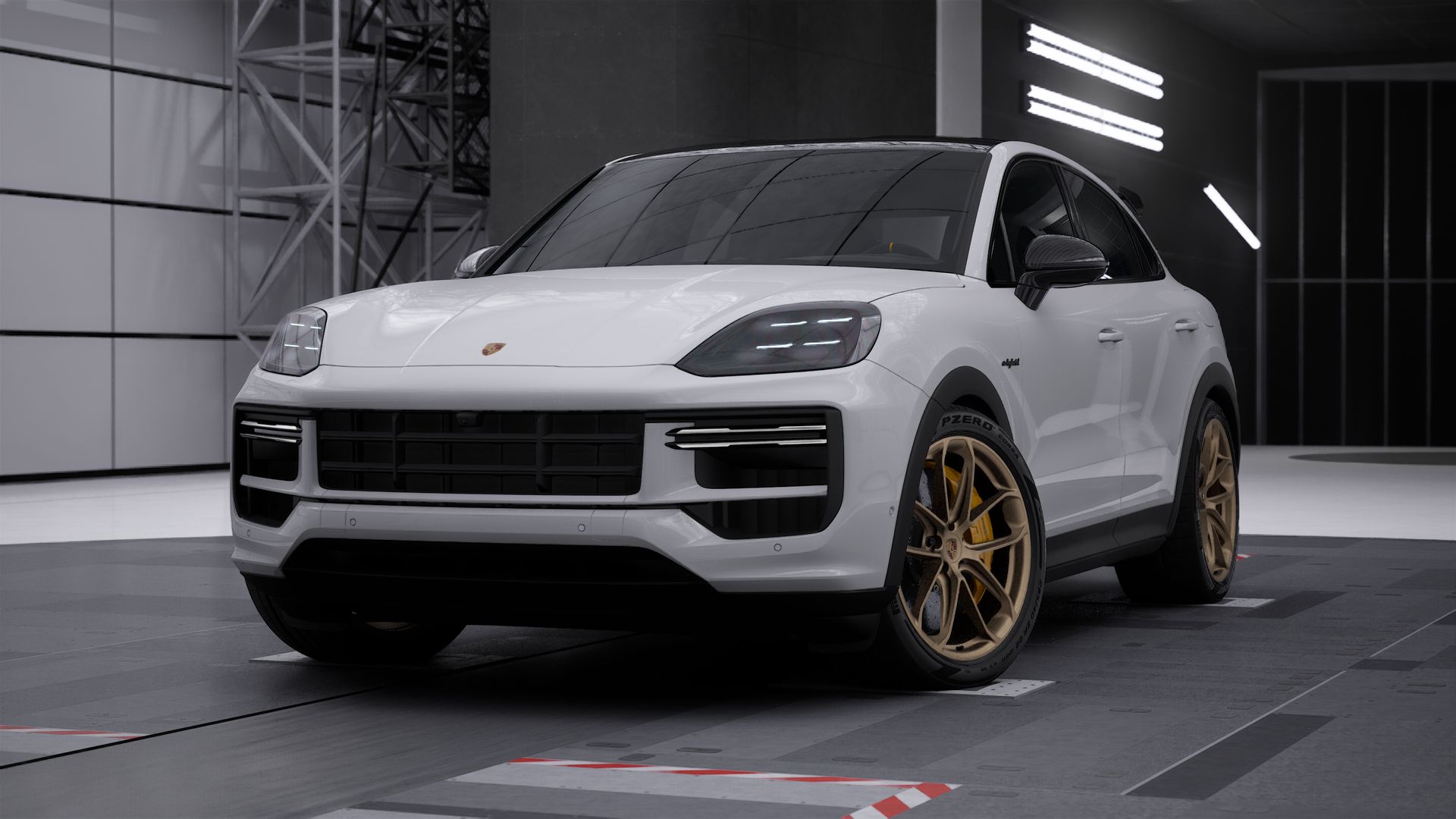 Vue extérieure de Cayenne Turbo E-Hybrid Coupé with GT Package montrant l'avant et le côté gauche de la voiture