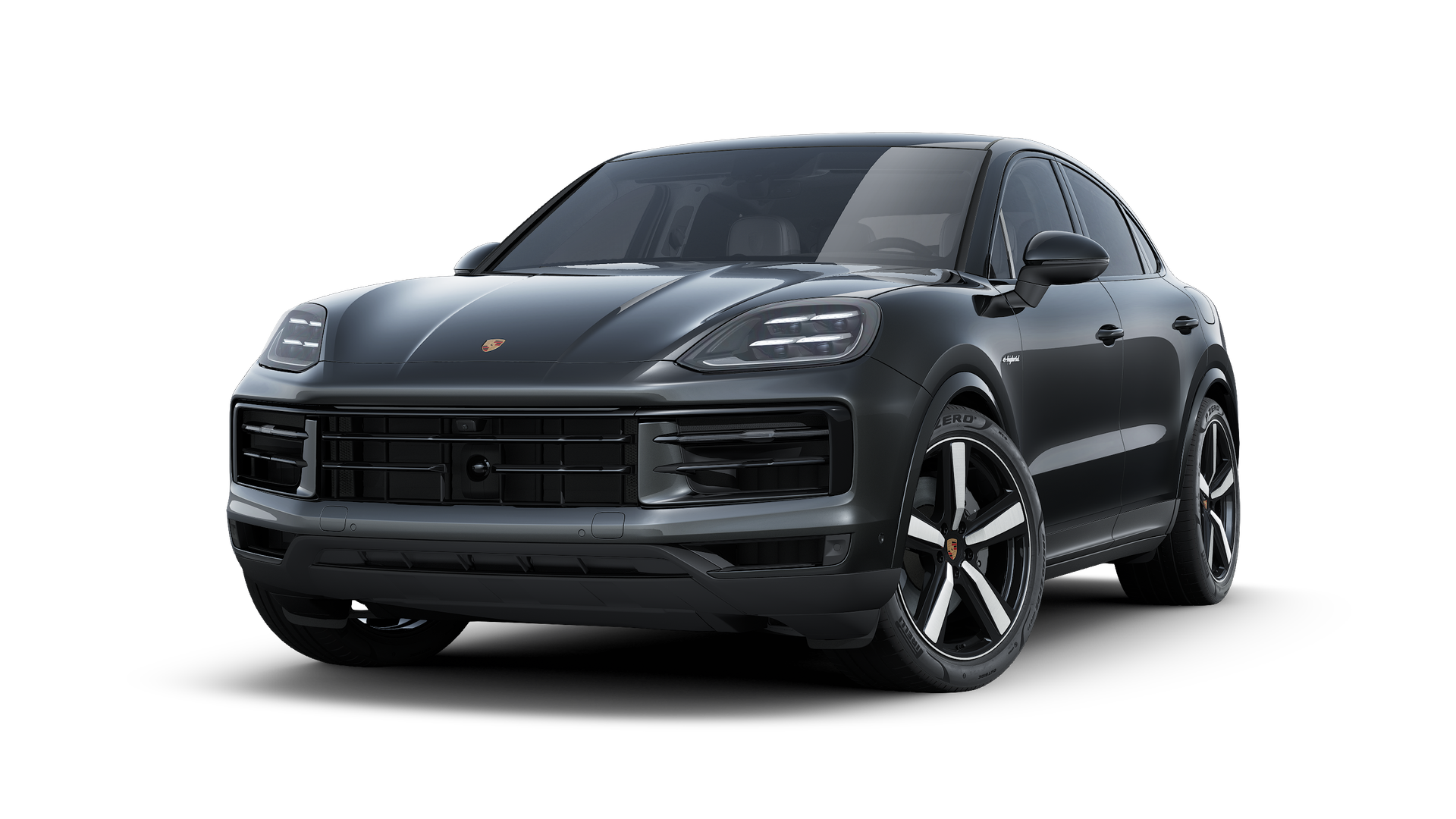 A Cayenne E-Hybrid Coupé külső nézete, amely az autó elejét és bal oldalát mutatja.