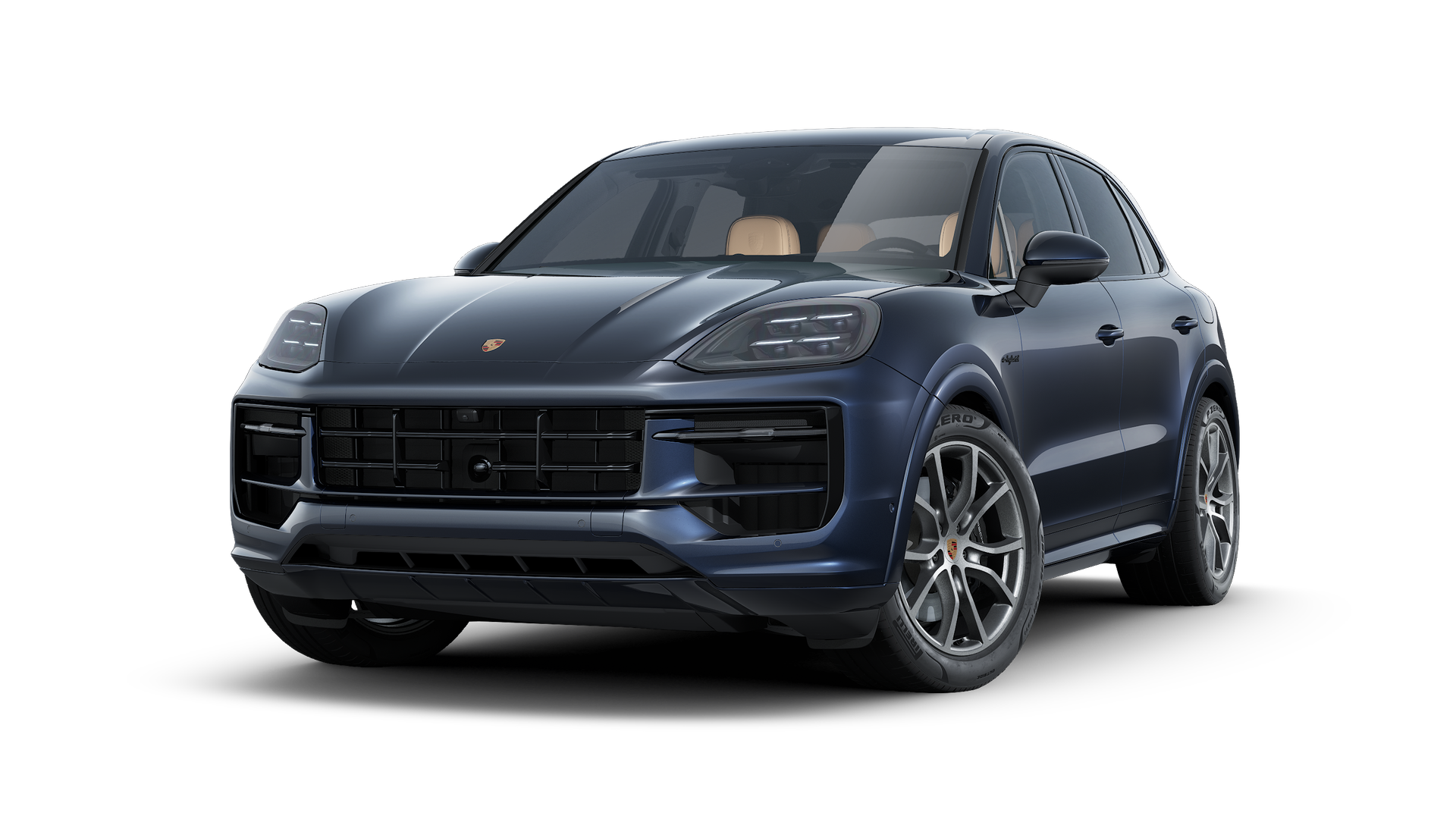 Vista esterna di Cayenne E-Hybrid che mostra la parte anteriore e il lato sinistro della vettura