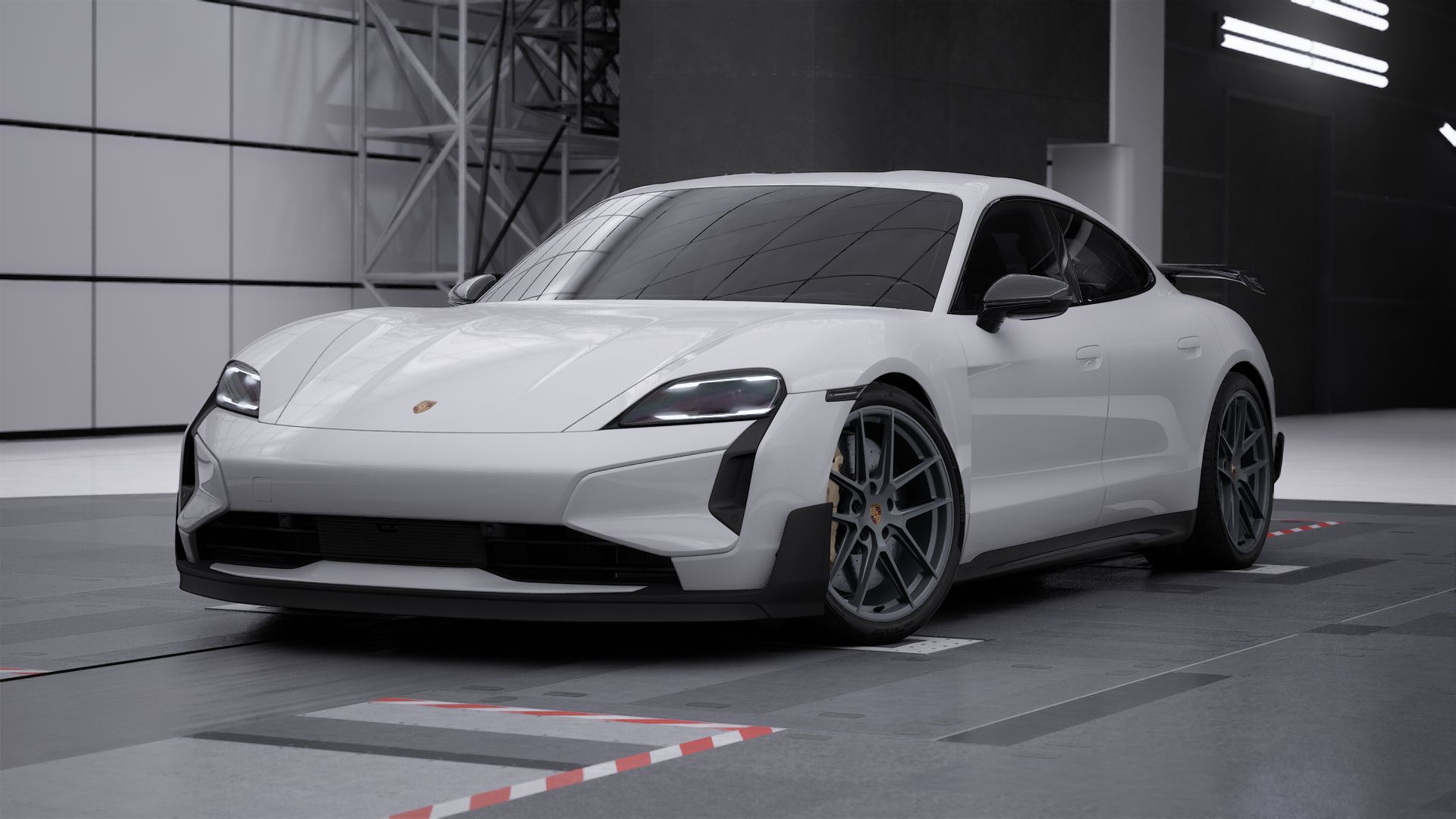 Taycan Turbo GT with Weissach Package의 익스테리어 전면 및 좌측면 뷰