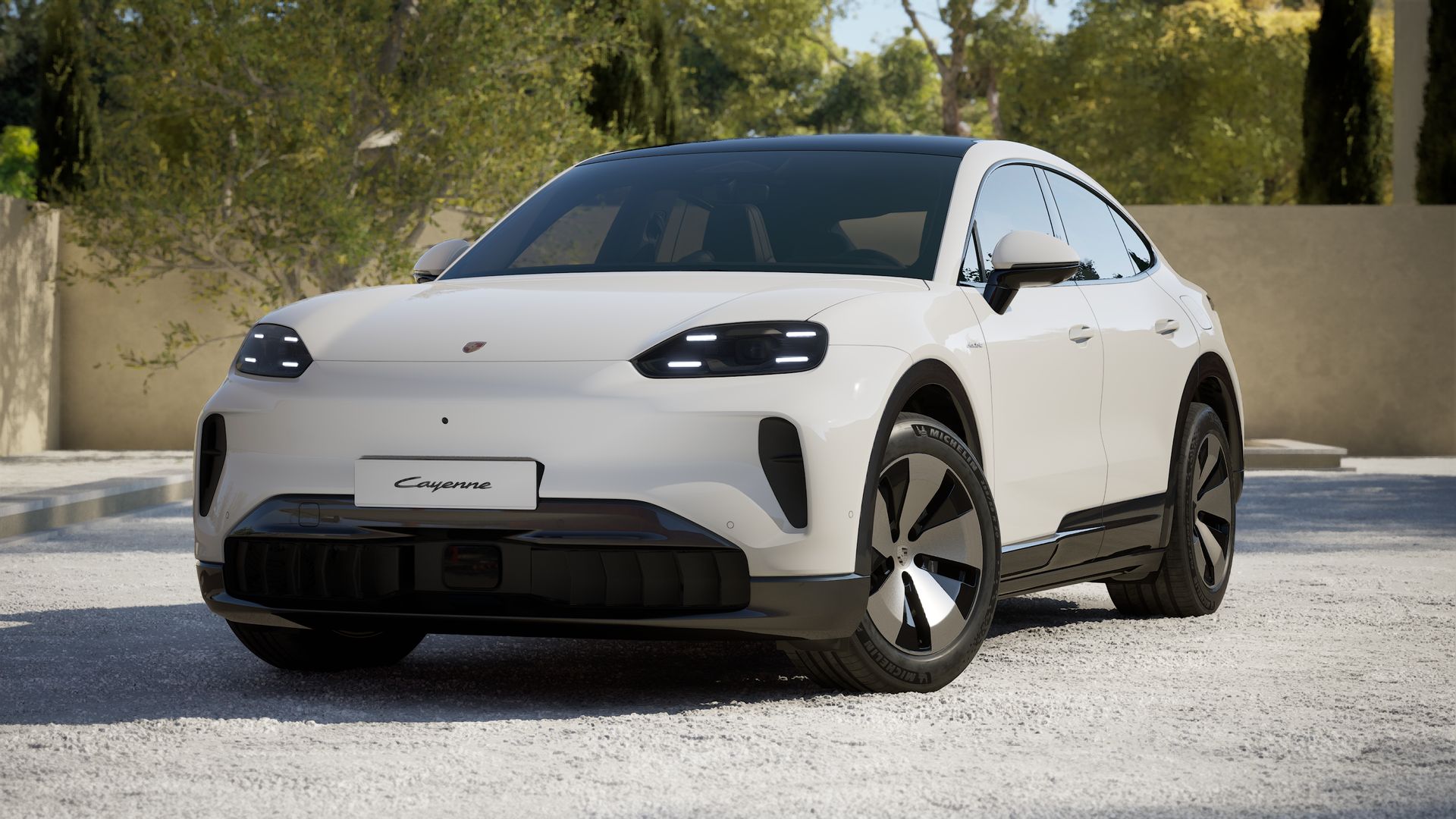 Exterior view of Cayenne Coupé Electric showing the front and left side of the car