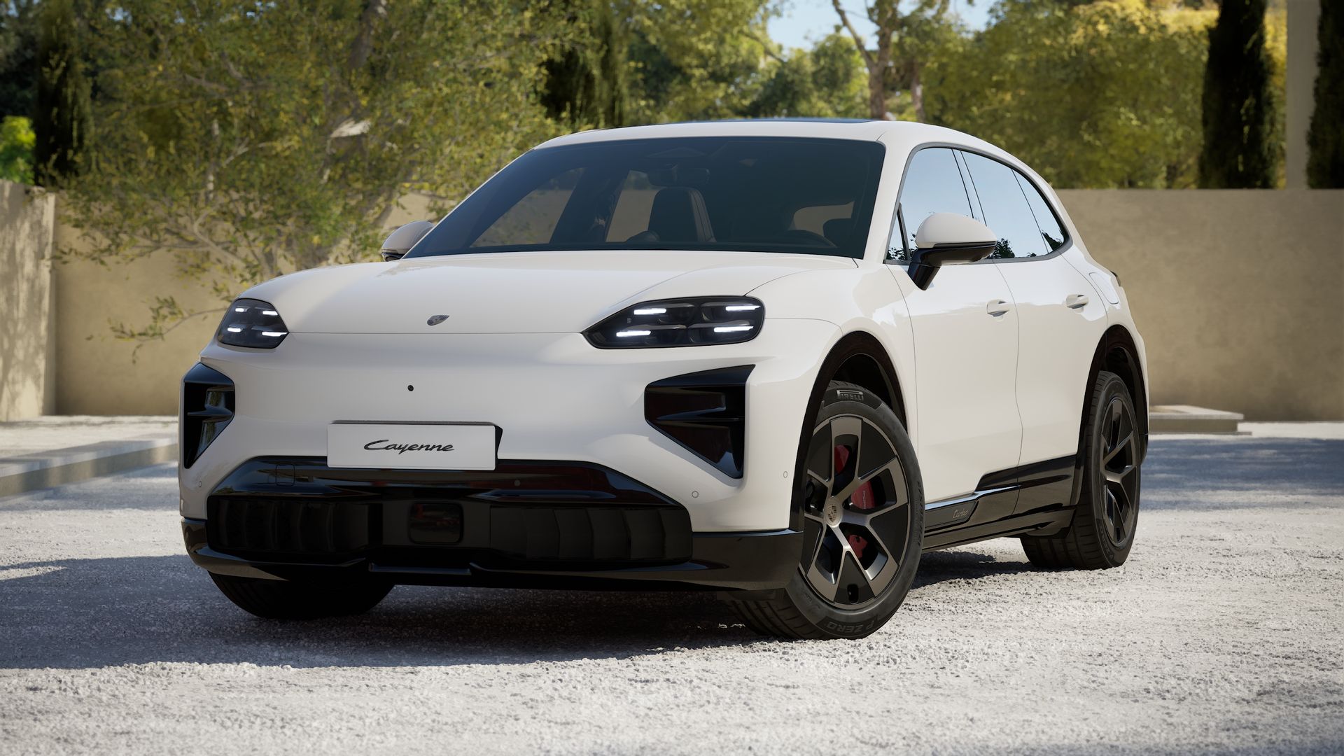 Exterior view of Cayenne Turbo Electric showing the front and left side of the car