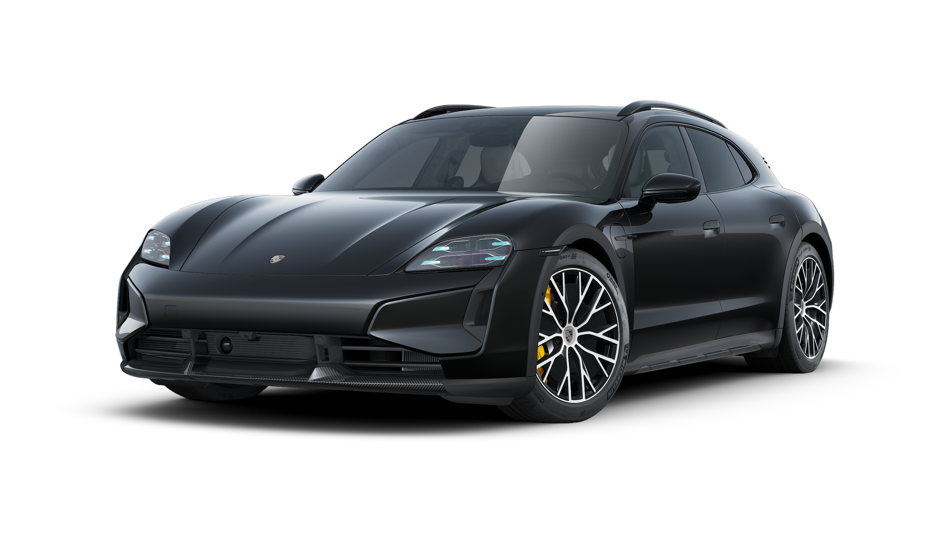 Außenansicht von Taycan Turbo S Cross Turismo mit der Vorderseite und der linken Seite des Fahrzeugs