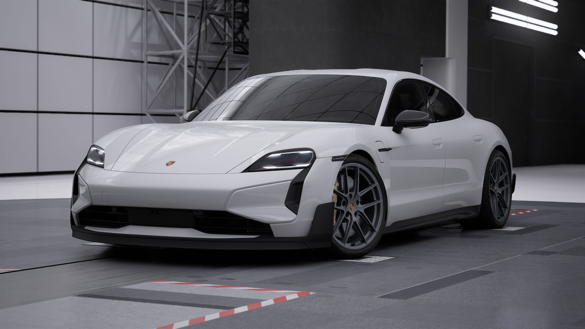 Vue extérieure de Taycan Turbo GT montrant l'avant et le côté gauche de la voiture