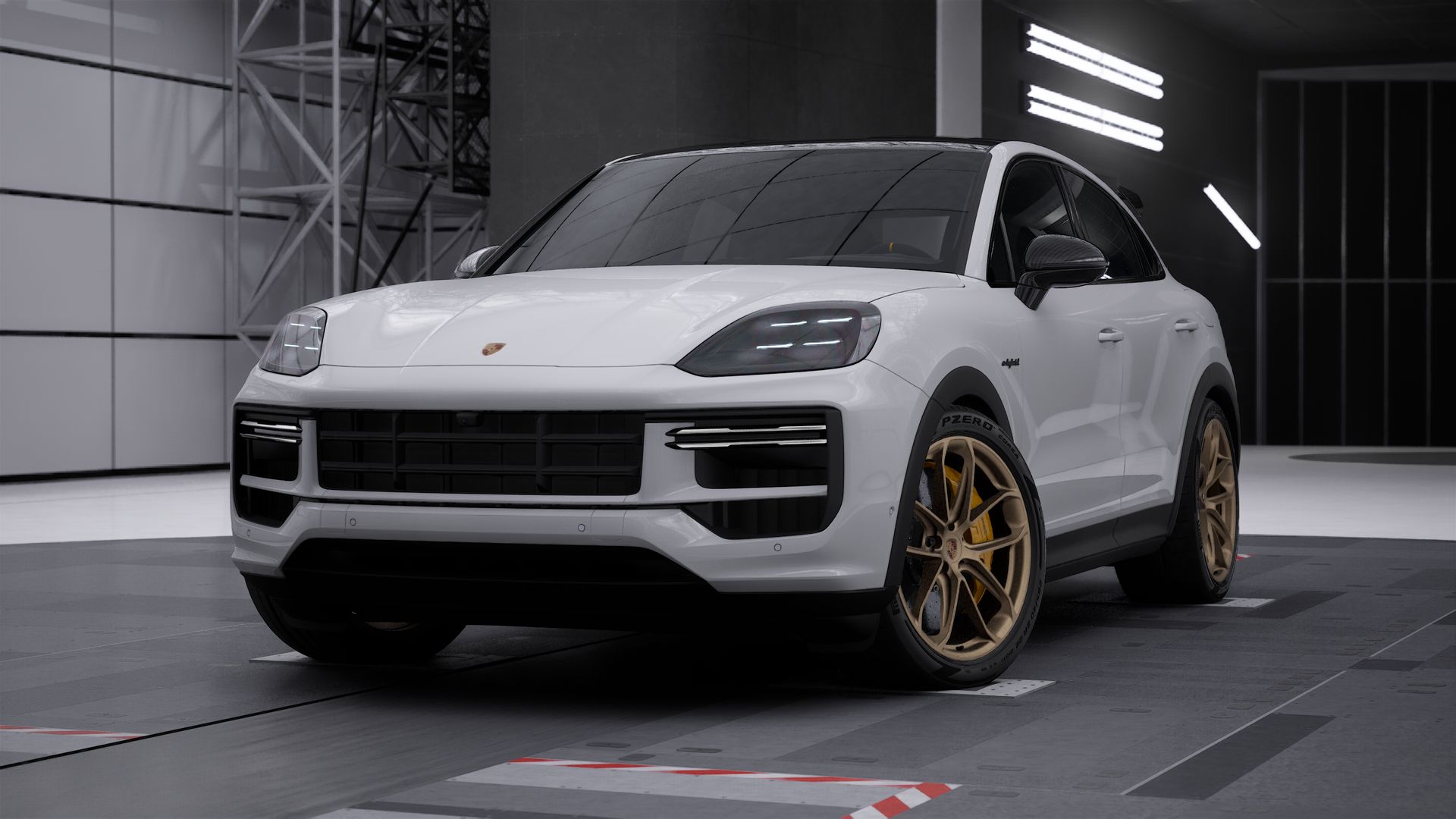 Buitenaanzicht van Cayenne Turbo E-Hybrid Coupé with GT Package met de voorkant en linkerkant van de auto