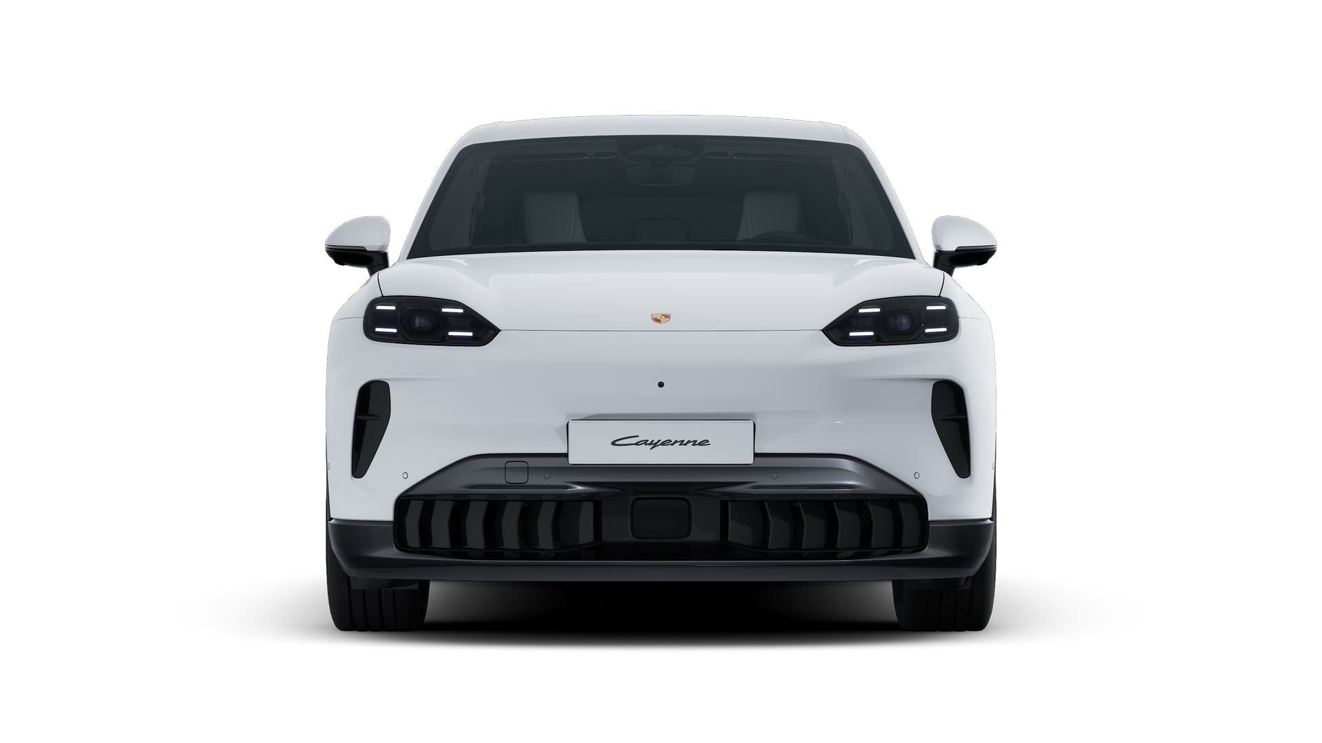 Buitenaanzicht van Cayenne Electric met de voorkant van de auto