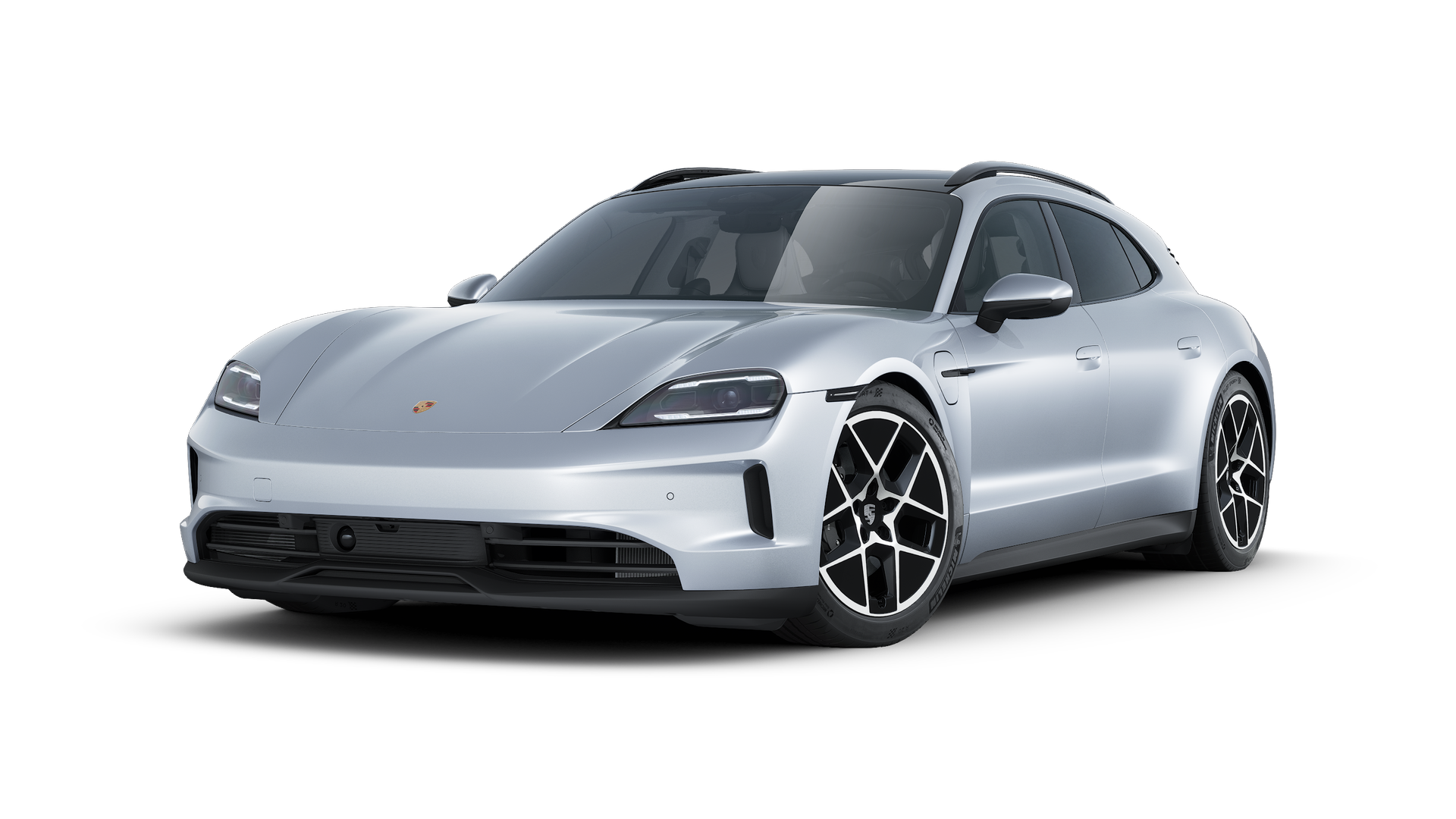 Buitenaanzicht van Taycan Sport Turismo met de voorkant en linkerkant van de auto