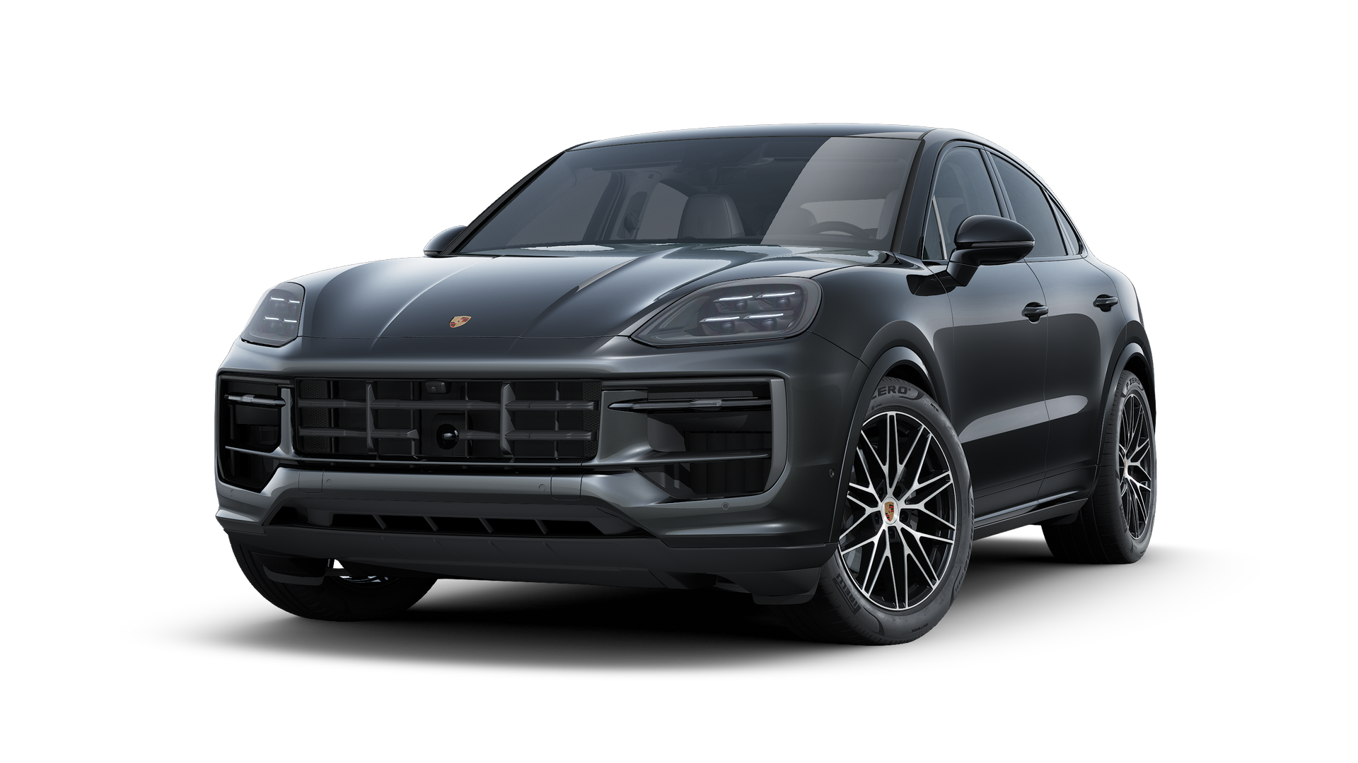 Vedere exterioară a Cayenne Coupé Black Edition care prezintă partea din față și partea stângă a mașinii
