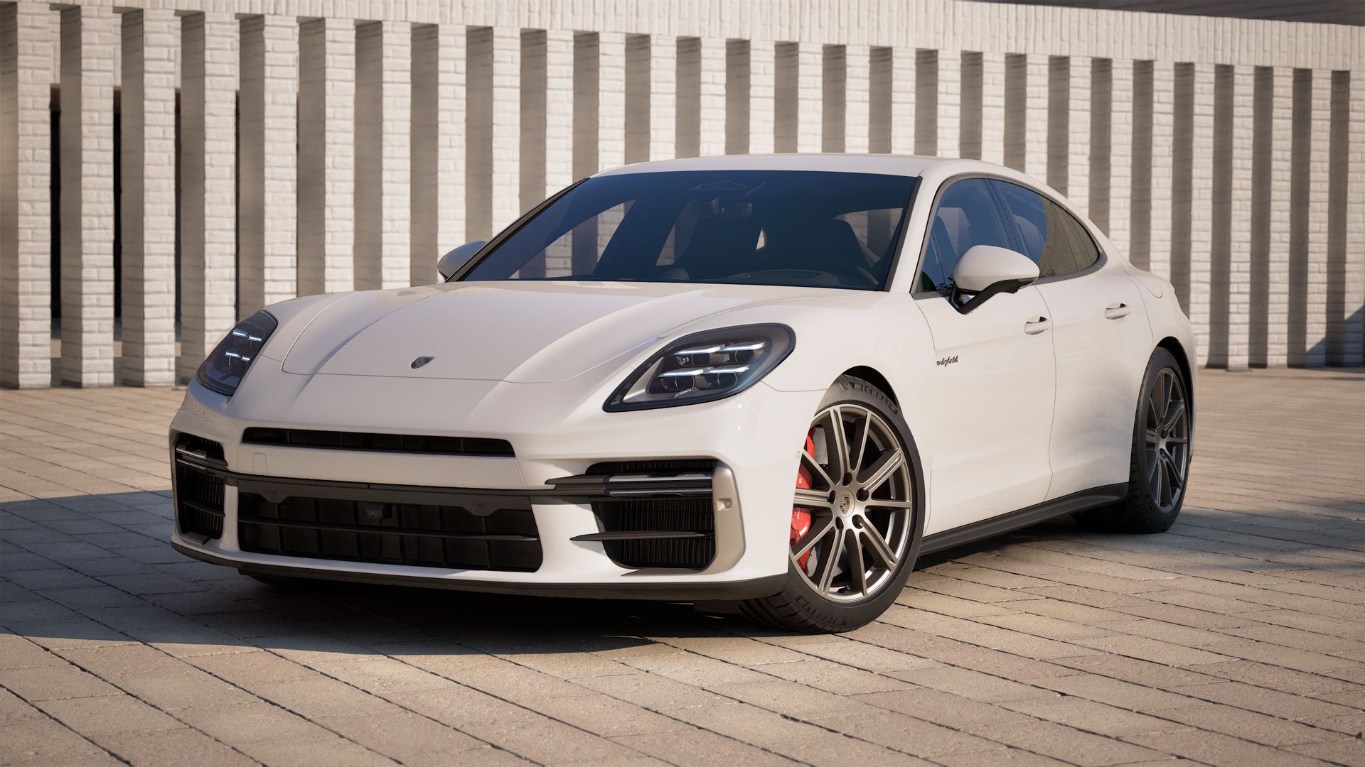 Exterior view of Panamera Turbo E-Hybrid showing the front and left side of the car