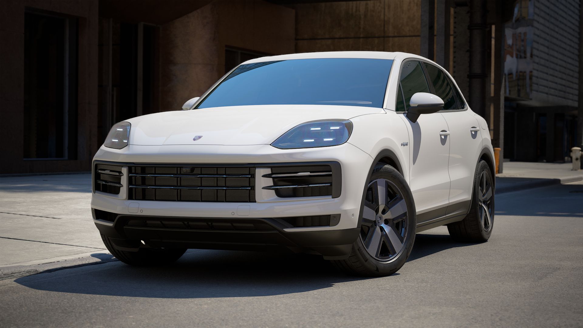 Exterior view of Cayenne E-Hybrid showing the front and left side of the car