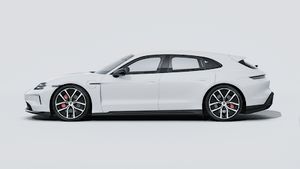 Die Außenansicht von Taycan 4S Sport Turismo Black Edition zeigt die linke Seite des Fahrzeugs
