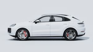 Външен изглед на Cayenne Turbo E-Hybrid Coupé , показващ лявата страна на автомобила
