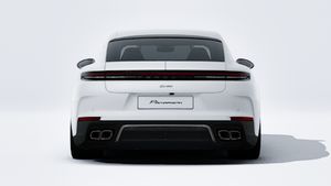 Exterior view of Panamera Turbo E-Hybrid showing the rear of the car