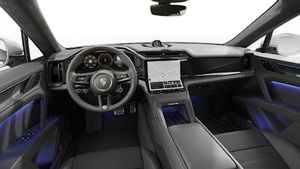 Vista interior mostrando o volante e o painel de instrumentos de Cayenne Turbo Electric