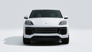 Vue extérieure de Cayenne Turbo E-Hybrid montrant l'avant de la voiture