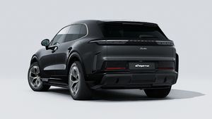 Exterior view of Cayenne Turbo Electric showing the back and left side of the car