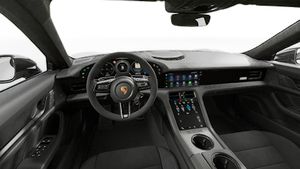 Interior view showing the steering wheel and dashboard of Taycan Turbo GT with Weissach Package