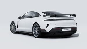 Exterior view of Taycan Turbo GT with Weissach Package showing the back and left side of the car