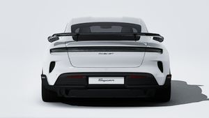 Exterior view of Taycan Turbo GT with Weissach Package showing the rear of the car