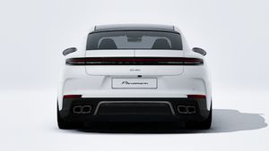 Exterior view of Panamera Turbo E-Hybrid showing the rear of the car