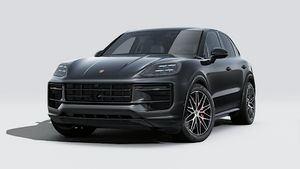 Vista esterna di Cayenne S E-Hybrid Black Edition che mostra la parte anteriore e il lato sinistro della vettura