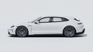Vista esterna di Taycan GTS Sport Turismo che mostra il lato sinistro della vettura