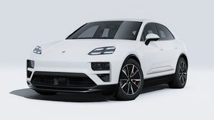 Exterior view of Macan Turbo Electric showing the front and left side of the car