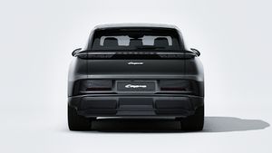 Exterior view of Cayenne Electric showing the rear of the car