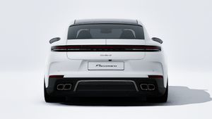 Exterior view of Panamera Turbo S E-Hybrid Executive showing the rear of the car
